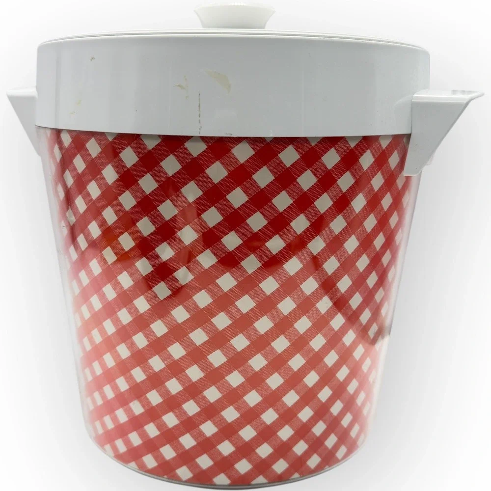 Vintage Thermo Serv West Bend Ice Bucket Red White Gingham Checkered Picnic MCM
